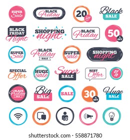 Sale shopping stickers and banners. Wifi and chat bubbles icons. Add user and megaphone loudspeaker symbols. Communication signs. Website badges. Black friday. Vector