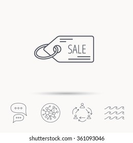 Sale shopping tag icon. Discount label sign. Global connect network, ocean wave and chat dialog icons. Teamwork symbol.