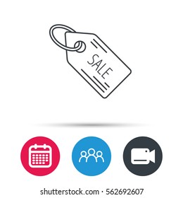 Sale shopping tag icon. Discount label sign. Group of people, video cam and calendar icons. Vector