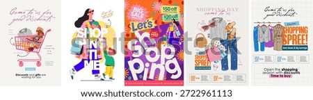 Sale and Shopping. Vector modern illustrations of a grocery basket with items, a fashionable family with children going shopping with bags, clothes on hangers for a discount poster, brochure, leaflet

