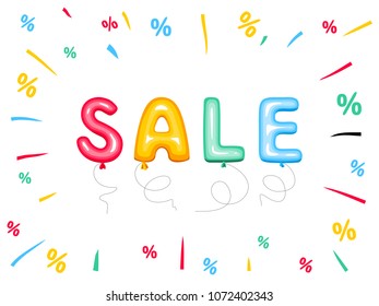 Sale sign of balloon letters. Sale word with color splashes and discount symbols, banner, vector illustration