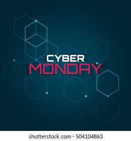 Sale sign banner template with sample text. Vector abstract boxes background. Modern technology illustration and square mesh. Digital geometric abstraction, lines and points. Cube cell.