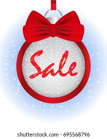 Sale sign. Christmas ball with bow and falling snow. Vector illustration.