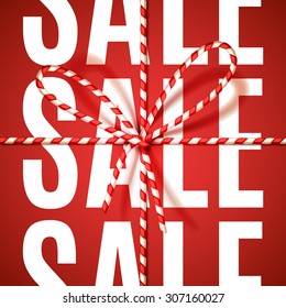 "Sale" sign in Christmas colors, tied as a gift with bow-knot of red and white twisted cord. Vector illustration, eps10.