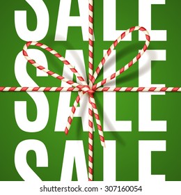 "Sale" sign in Christmas colors, tied as a gift with bow-knot of red and white twisted cord. Vector illustration, eps10.