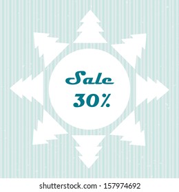 Sale sign. Christmas trees.  Background with place for text. 30 % sale. Blue strip pattern. Vector illustration.  