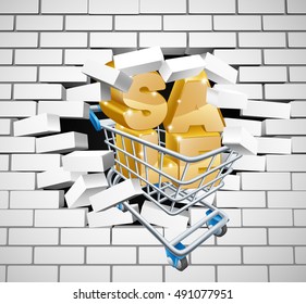 Sale sign concept of a shopping cart or trolley breaking through a white brick wall with text reading SALE