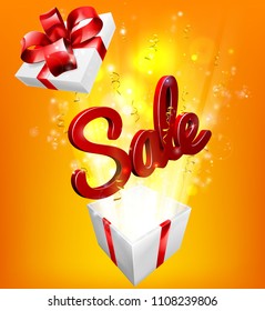 A sale sign flying out of a gift box with orange and yellow background