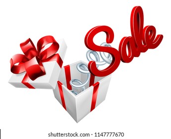 A sale sign flying out of a gift box on a spring in a jack in the box style