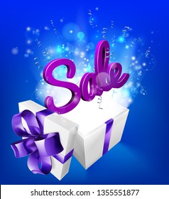 A sale sign flying out of a gift box with blue and purple background