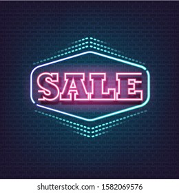 sale sign and frame neon on brick background, Advertisement design background, Shoppingonline background.