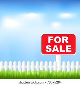 For Sale Sign With Grass And Blue Sky, Vector Illustration