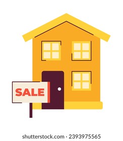 For sale sign house 2D illustration concept. Selling home. Property for sale isolated cartoon object, white background. Apartment real-estate agency sign metaphor abstract flat vector graphic