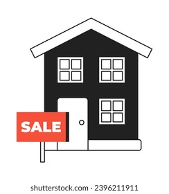 For sale sign house black and white 2D illustration concept. Selling home. Property for sale isolated cartoon outline object. Apartment real-estate agency sign metaphor monochrome vector art