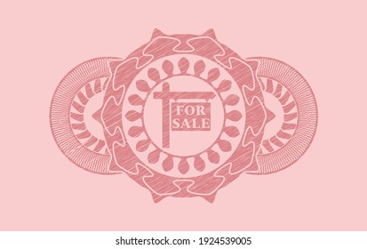 For sale sign icon inside Pink stroke badge. Rose color delicate background. Intense illustration. 