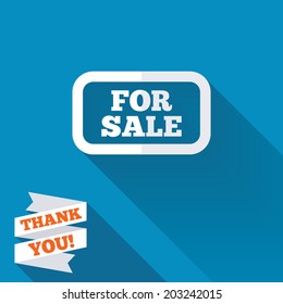 For sale sign icon. Real estate selling. White flat icon with long shadow. Paper ribbon label with Thank you text. Vector