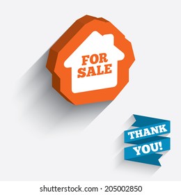 For sale sign icon. Real estate selling. White icon on orange 3D piece of wall. Carved in stone with long flat shadow. Vector