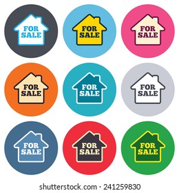 For sale sign icon. Real estate selling. Colored round buttons. Flat design circle icons set. Vector