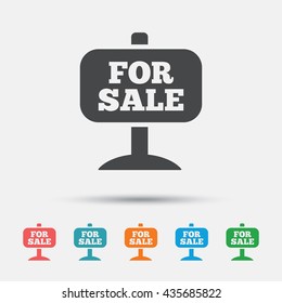 For sale sign icon. Real estate selling. Graphic element on white background. Colour clean flat for sale icons. Vector