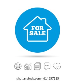 For sale sign icon. Real estate selling. Copy files, chat speech bubble and chart web icons. Vector