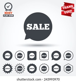 Sale sign icon. Special offer symbol in speech bubble. Circle, star, speech bubble and square buttons. Award medal with check mark. Thank you. Vector