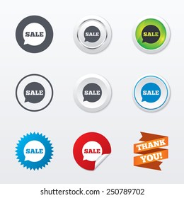 Sale sign icon. Special offer symbol in speech bubble. Circle concept buttons. Metal edging. Star and label sticker. Vector