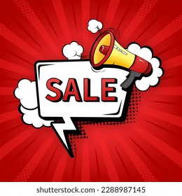 Sale sign illustration with megaphone. Pop style. Cartoon icon on color backdrop. Vector background