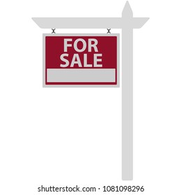 For Sale Sign Illustration - Red and white sign hanging from white picket fence post with for sale text