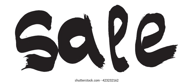 Sale sign, ink hand lettering. Abstract hand painted shape. Dry brush calligraphy. Ink brush strokes with rough edges.