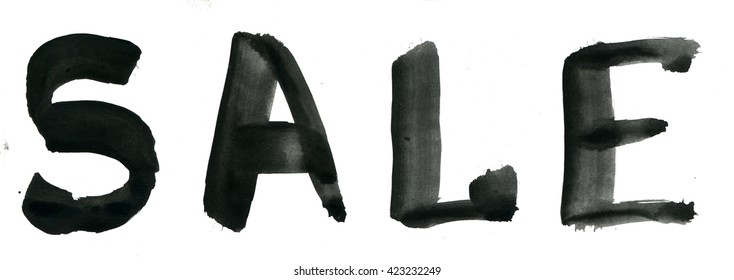 Sale sign, ink hand lettering. Abstract hand painted shape. Dry brush calligraphy. Ink brush strokes with rough edges.