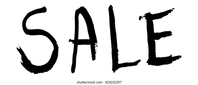 Sale sign, ink hand lettering. Abstract hand painted shape. Dry brush calligraphy. Ink brush strokes with rough edges.