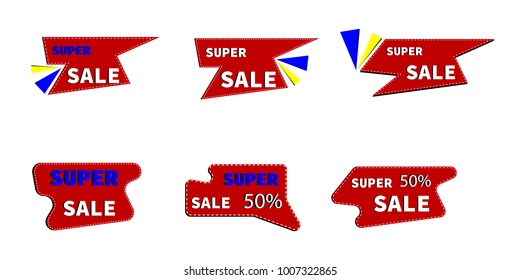Sale sign and label set vector for designer labels. Isolated on a red background many forms.