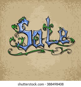 Sale sign. Metal textured letters with green branches. Sale on rustic background. Vector illustration 