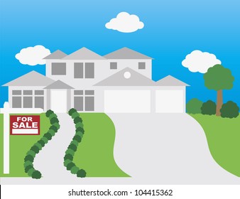 For Sale Sign On Front Lawn Of House Illustration