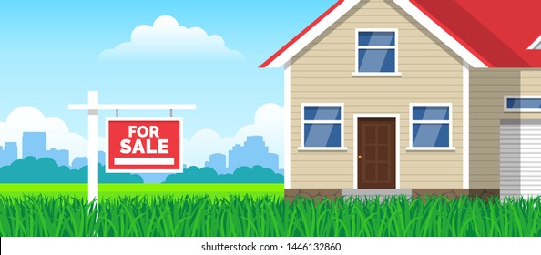 for sale sign on lawn grass in front of  house real estate investment concept