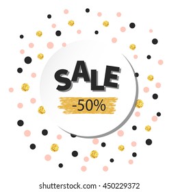  Sale sign over confetti background in gold, black and pink colors. Can be used for flyer, poster, shopping, sales, discount.