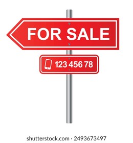 For Sale Sign Red banner with metal steel pole with phone number. Realistic design for your Real Estate Business Website or your Company to sell House and Cars , Vector isolated on white Background