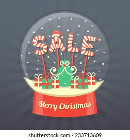 sale sign in red and white Christmas sweet style with gift bag and gift boxes in snow globe on dark starburst background. vector.