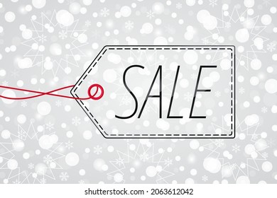 Sale sign, shopping tag. Vector icon with snow Christmas pattern. Snowflake winter background. Red black label for winter