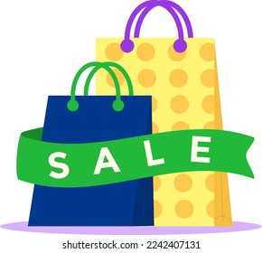 Sale sign at store shop bag, vector illustration. Retail gift with discount design concept, isolated on white set. Commerce paper bag