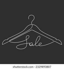 Sale sign vector. Line continuous text lettering. Hand drawn clothes hanger icon. Graphic design, banner, flyer, showcase sign, retail shop, outlet, card, symbol. Shopping, discount. Black background.