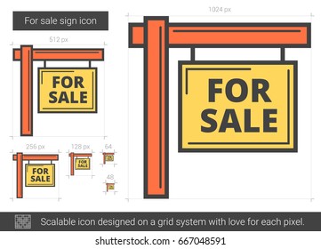 For sale sign vector line icon isolated on white background. For sale sign line icon for infographic, website or app. Scalable icon designed on a grid system.