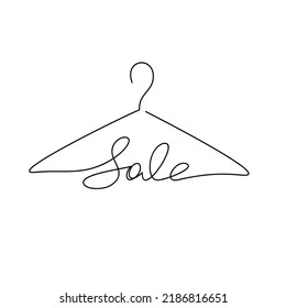 Sale sign vector. One line continuous lettering. Hand drawn clothes hanger icon for banner, flyer, showcase design, retail shop, outlet.