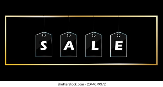 Sale sign. White letters. Black background. Golden rectangle frame. Black friday. Vector illustration. Stock image.