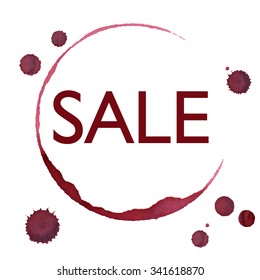 Sale sign in wine stain with splashes, vector 