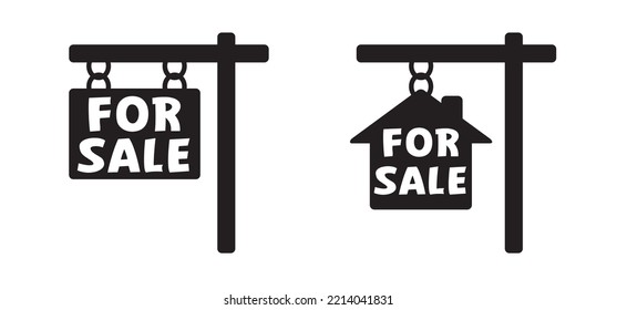 For Sale Signboard. Cartoon Board Icon Or Logo. Agent To Advertise A House Listing. Cartoon House For Sell Logo. Sales Or Sold. Communication, Marketing, For Advertising With An Agent Broker.