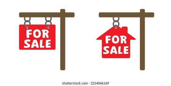 For Sale Signboard. Cartoon Board Icon Or Logo. Agent To Advertise A House Listing. Cartoon House For Sell Logo. Sales Or Sold. Communication, Marketing, For Advertising With An Agent Broker.