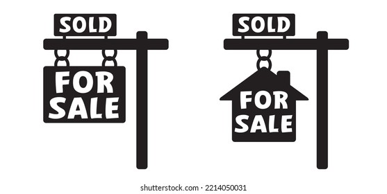 For Sale Signboard. Cartoon Board Icon Or Logo. Agent To Advertise A House Listing. Cartoon House For Sell Logo. Sales Or Sold. Communication, Marketing, For Advertising With An Agent Broker.