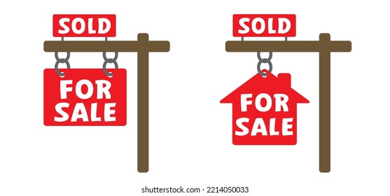 For Sale Signboard. Cartoon Board Icon Or Logo. Agent To Advertise A House Listing. Cartoon House For Sell Logo. Sales Or Sold. Communication, Marketing, For Advertising With An Agent Broker.