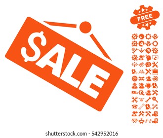 Sale Signboard icon with bonus tools pictogram. Vector illustration style is flat iconic symbols, orange color, white background.